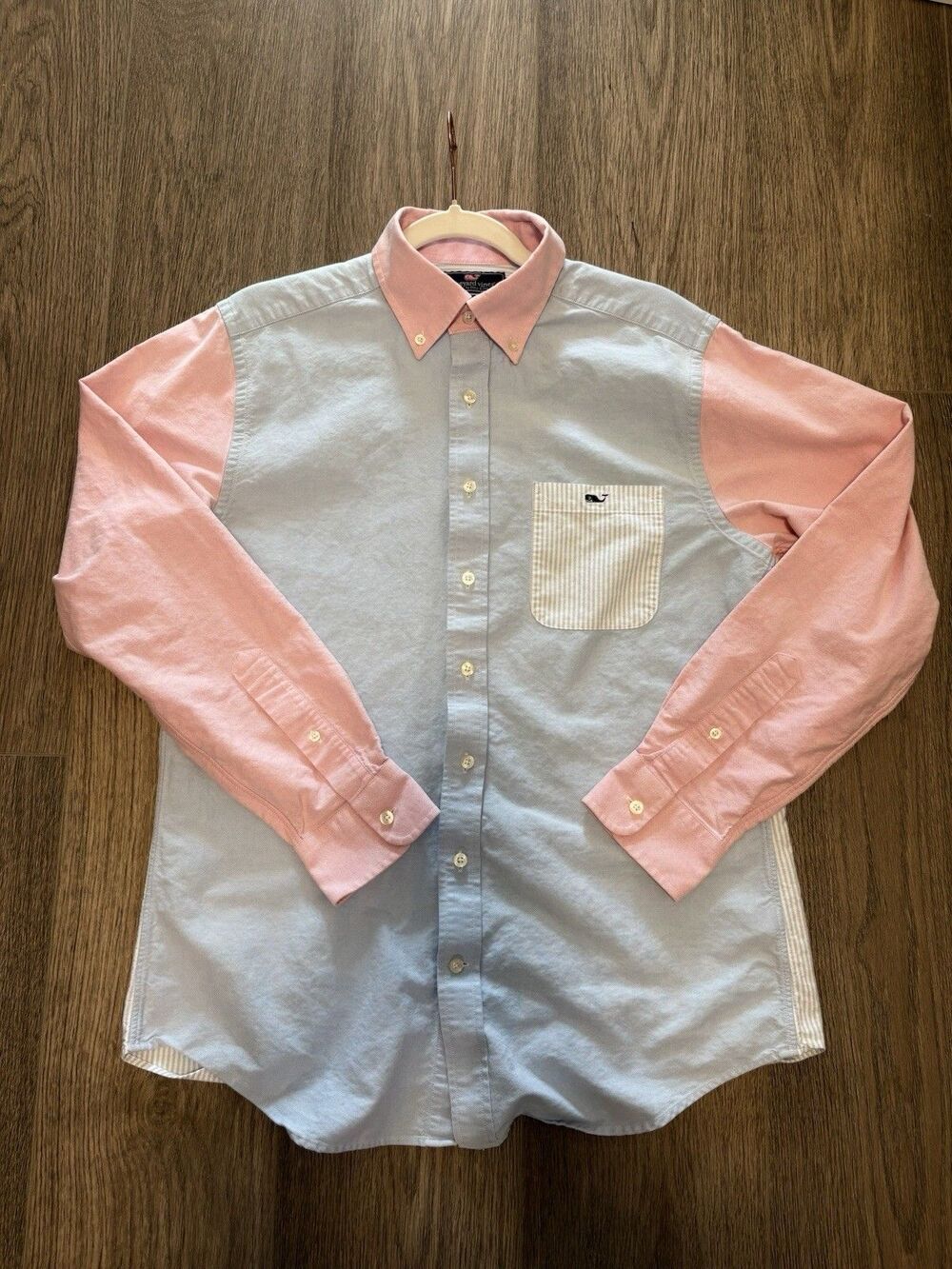 Vineyard Vines Shirt Mens Medium Blue Pink Tucker Slim Pastel Color Block Oxford - Picture 11 of 11